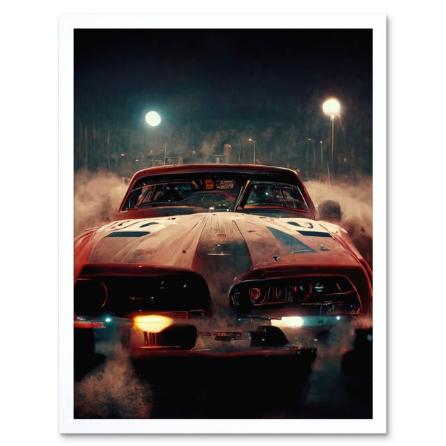 "Artery8 Wall Art Print Classic Sports Car Muscle Cinematic Night Atmospheric Race In Fog Art Framed in White - Size: W12"" x H16""" - image 1