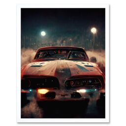 "Artery8 Wall Art Print Classic Sports Car Muscle Cinematic Night Atmospheric Race In Fog Art Framed in White - Size: W12"" x H16""" - thumbnail 1