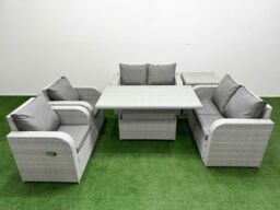 Fimous 6 Seater Outdoor Reclining Chair Love Sofa Set Rattan Garden Furniture Set with Adjustable Lifting Dining or Coffee Table Side Table Light Grey - thumbnail 1
