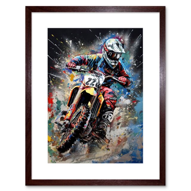 "Artery8 Wall Art Print Motocross Race Action Shot Extreme Sport Painting Artwork Framed 9X7 Inch in Brown - Size: W7"" x H9""" - image 1
