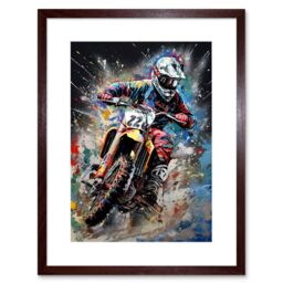 "Artery8 Wall Art Print Motocross Race Action Shot Extreme Sport Painting Artwork Framed 9X7 Inch in Brown - Size: W7"" x H9""" - thumbnail 1