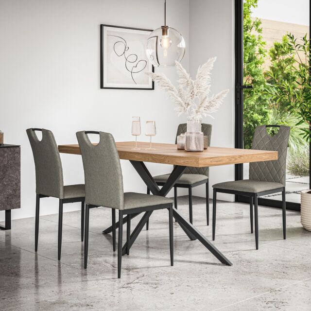 More4Homes Donni Dining Table & Chairs - Oak Effect Table Top w Black Legs + Monza Linen Dining Chair Set Of 6 in Grey - image 1