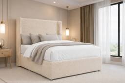 "Chester & Oakley Velora Teddy Divan Bed Base No Drawers 54"" Winged Headboard in Cream - Size: Double" - thumbnail 3