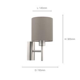 Eglo Pasteri Satin Nickel Metal & Fabric Wall Light in Taupe - thumbnail 3