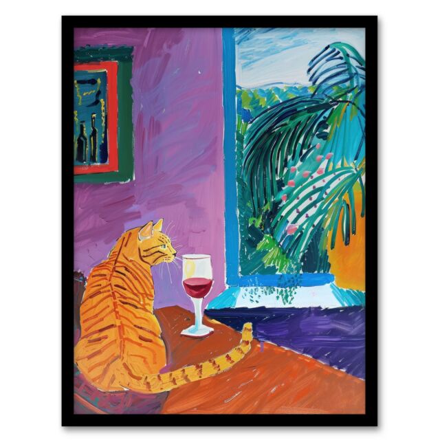 Artery8 Wall Art Print Ginger Tabby Cat Wine Plant Lover Quiet Afternoon Art Framed Poster in Black - Size: A4 - image 1