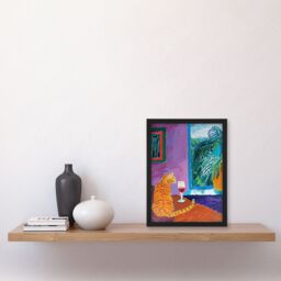 Artery8 Wall Art Print Ginger Tabby Cat Wine Plant Lover Quiet Afternoon Art Framed Poster in Black - Size: A4 - thumbnail 4