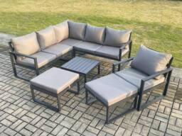 Fimous Outdoor Garden Furniture Set Aluminium Lounge Sofa Square Coffee Table Sets with Chair 2 Big Footstools Indoor Conservatory Set Dark Grey - thumbnail 1