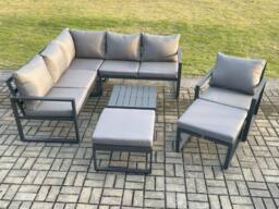 Fimous Outdoor Garden Furniture Set Aluminium Lounge Sofa Square Coffee Table Sets with Chair 2 Big Footstools Indoor Conservatory Set Dark Grey - thumbnail 2