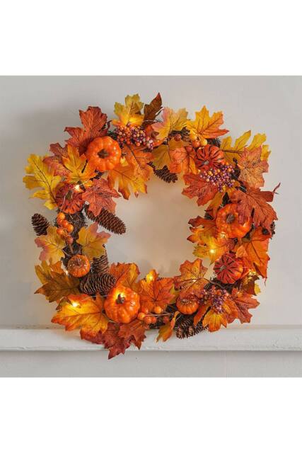 H&O Direct 60cm LED Light-Up Autumn Wreath with Faux Maple Leaves Halloween Decor in Orange - image 1