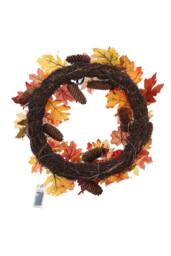 H&O Direct 60cm LED Light-Up Autumn Wreath with Faux Maple Leaves Halloween Decor in Orange - thumbnail 3