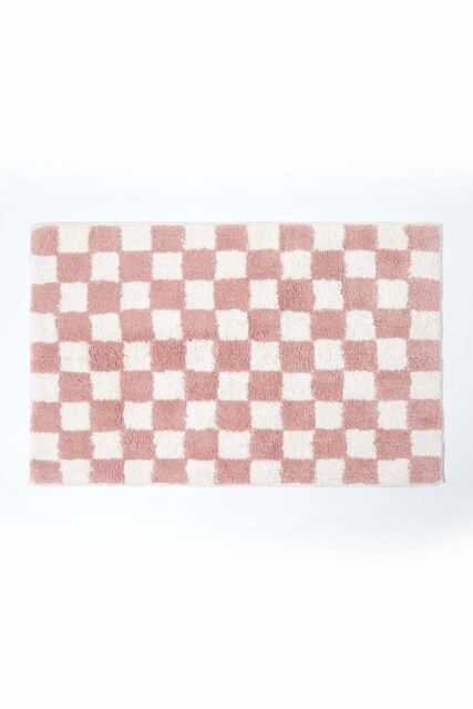 Homescapes Check 100% Cotton Non Slip Bath Mat in Pink - image 1