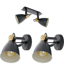 Loops Twin Ceiling Spot Light & 2x Matching Wall Lights Black & Wood Shade Moving Head