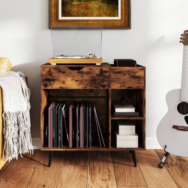 Costway Record Player Stand Wooden Turntable End Table w/ Built-In Power Strip in Brown - image 1