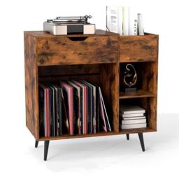 Costway Record Player Stand Wooden Turntable End Table w/ Built-In Power Strip in Brown - thumbnail 4