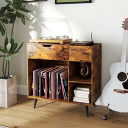 Costway Record Player Stand Wooden Turntable End Table w/ Built-In Power Strip in Brown - thumbnail 2