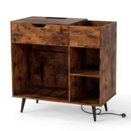 Costway Record Player Stand Wooden Turntable End Table w/ Built-In Power Strip in Brown - thumbnail 3