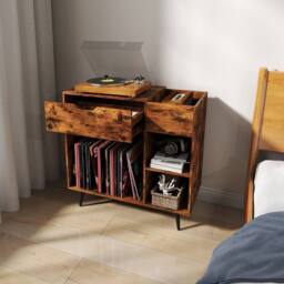 Costway Record Player Stand Wooden Turntable End Table w/ Built-In Power Strip in Brown - thumbnail 6