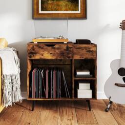 Costway Record Player Stand Wooden Turntable End Table w/ Built-In Power Strip in Brown