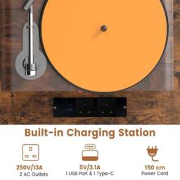 Costway Record Player Stand Wooden Turntable End Table w/ Built-In Power Strip in Brown - thumbnail 8