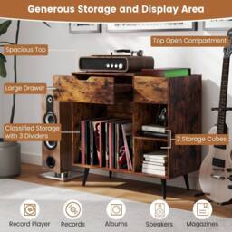 Costway Record Player Stand Wooden Turntable End Table w/ Built-In Power Strip in Brown - thumbnail 7