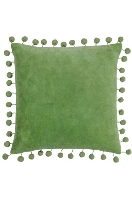 Furn Dora Square Velvet Pom Pom Cushion in Green - Size: 45 cm x 45 cm