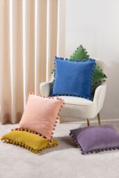 Furn Dora Square Velvet Pom Pom Cushion in Green - Size: 45 cm x 45 cm - thumbnail 5