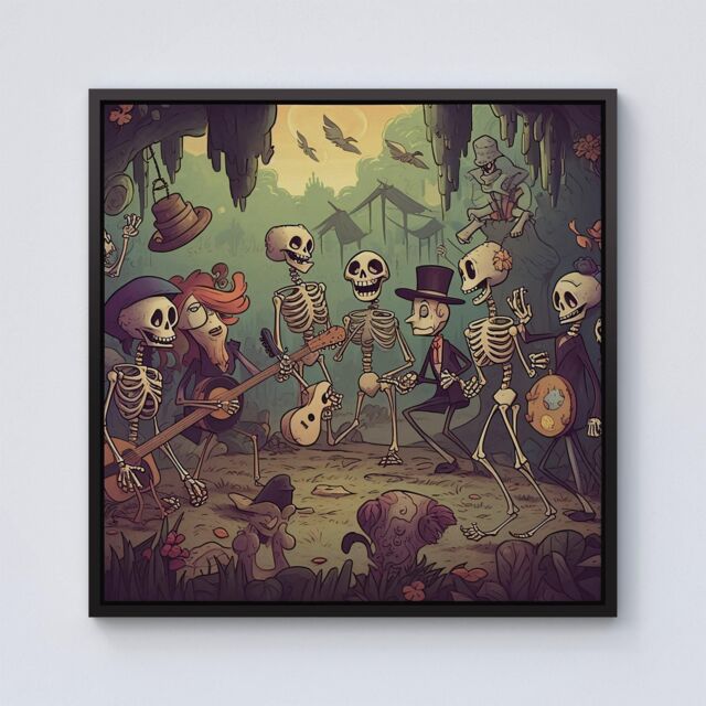Warren Reed - Designer Cartoonish Skeletons Having A Party Framed Canvas in Black - Size: w40 inch x h40 inch - image 1