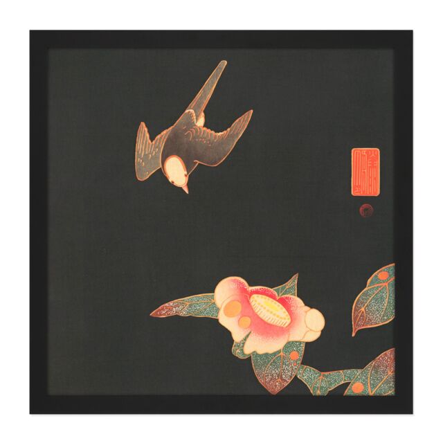 "Artery8 Wall Art Print Jakuchu Swallow Camillia Bird Flower Japan Painting Square Framed Picture 16X16 Inch in Black - Size: W16"" x H16""" - image 1