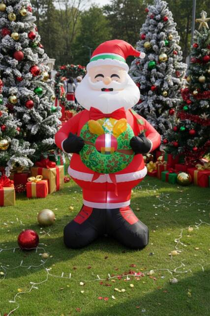 Living and Home 2.4m Lighted Christmas Inflatable Santa Holding Wreath Decoration in Red - image 1