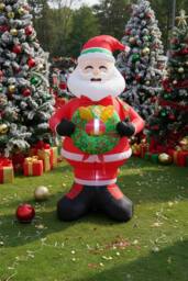 Living and Home 2.4m Lighted Christmas Inflatable Santa Holding Wreath Decoration in Red