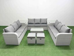 Fimous PE Rattan Lounge Sofa Set 11 Seater Outdoor Garden Furniture Set with Rectangular Coffee Table 3 Seater Sofa 2 Stools 2 Side Table Light Grey - thumbnail 1