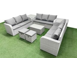 Fimous PE Rattan Lounge Sofa Set 11 Seater Outdoor Garden Furniture Set with Rectangular Coffee Table 3 Seater Sofa 2 Stools 2 Side Table Light Grey - thumbnail 2