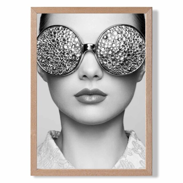 ARTZE Girl with Silver Bling Sunglasses Fashion Black & White Photo Framed Print SIZE: A3 with Oak Frame - Size: A4 - image 1