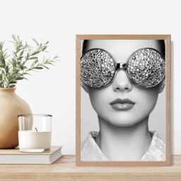 ARTZE Girl with Silver Bling Sunglasses Fashion Black & White Photo Framed Print SIZE: A3 with Oak Frame - Size: A4 - thumbnail 2