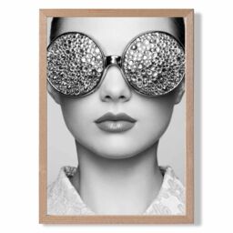 ARTZE Girl with Silver Bling Sunglasses Fashion Black & White Photo Framed Print SIZE: A3 with Oak Frame - Size: A4 - thumbnail 1