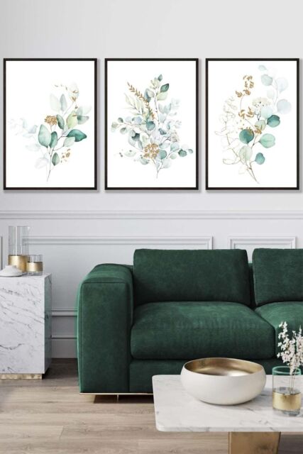 ARTZE Set of 3 Black Framed Green Blue Watercolour Eucalyptus Set 1 Wall Art in Light Green - Size: W33 cm x H45 cm x D20mm - image 1