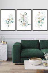 ARTZE Set of 3 Black Framed Green Blue Watercolour Eucalyptus Set 1 Wall Art in Light Green - Size: W33 cm x H45 cm x D20mm - thumbnail 1