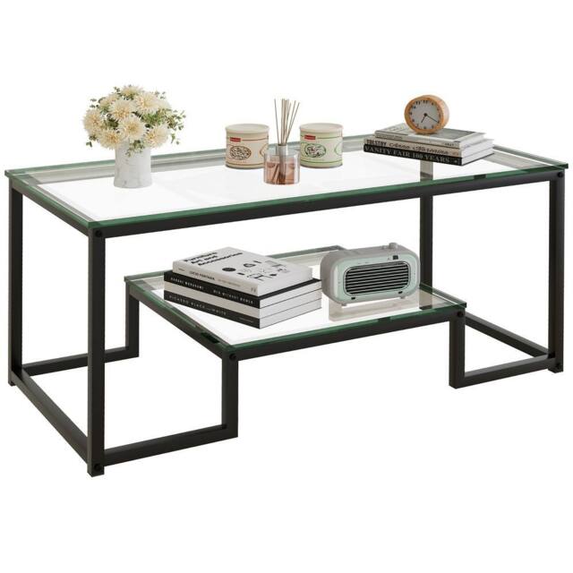 Huhote Modern Glass Coffee Table with Metal Frame in Black - image 1