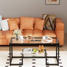 Huhote Modern Glass Coffee Table with Metal Frame in Black - thumbnail 4