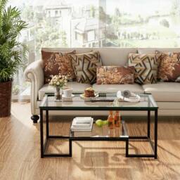 Huhote Modern Glass Coffee Table with Metal Frame in Black - thumbnail 3