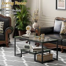 Huhote Modern Glass Coffee Table with Metal Frame in Black - thumbnail 5