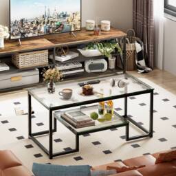 Huhote Modern Glass Coffee Table with Metal Frame in Black - thumbnail 7