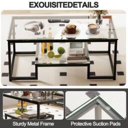 Huhote Modern Glass Coffee Table with Metal Frame in Black - thumbnail 9