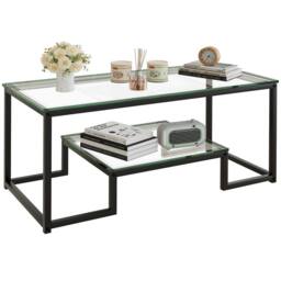 Huhote Modern Glass Coffee Table with Metal Frame in Black