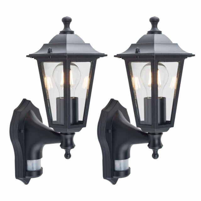 First Choice Lighting Set of 2 Eversham - Black Six Sided Lantern PIR Sensor Outdoor Lights - image 1