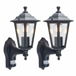 First Choice Lighting Set of 2 Eversham - Black Six Sided Lantern PIR Sensor Outdoor Lights - thumbnail 1