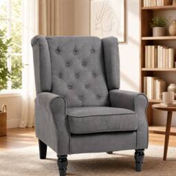 STILVORA Wingback Armchair with Wooden Frame & Linen Upholstery in Grey - thumbnail 1