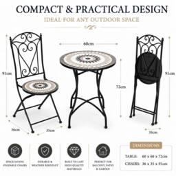 Shatchi Mosaic Bistro Set with Folding Chairs & Ceramic Tile Table - thumbnail 5