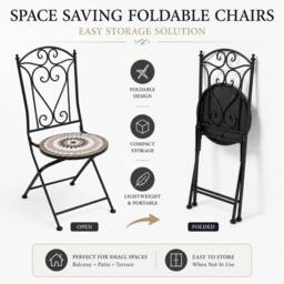 Shatchi Mosaic Bistro Set with Folding Chairs & Ceramic Tile Table - thumbnail 3