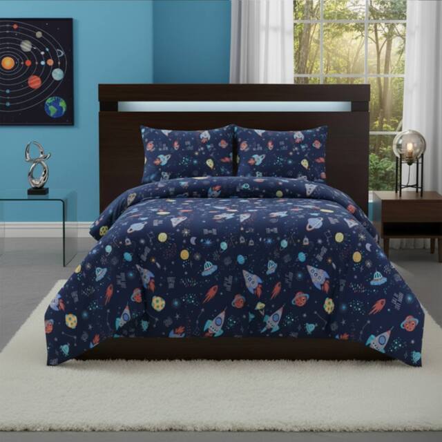 Snug City Duvet Cover & Pillowcase Set Kids Outer Space Design Bed Linen in Blue - Size: Single - image 1